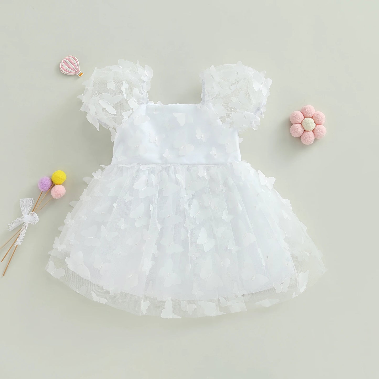Pudcoco Kids Baby Girl Princess Dress, Puff Sleeve Tulle Dress Flower/Butterfly A-line Dress for Party Stage Show 1-6T