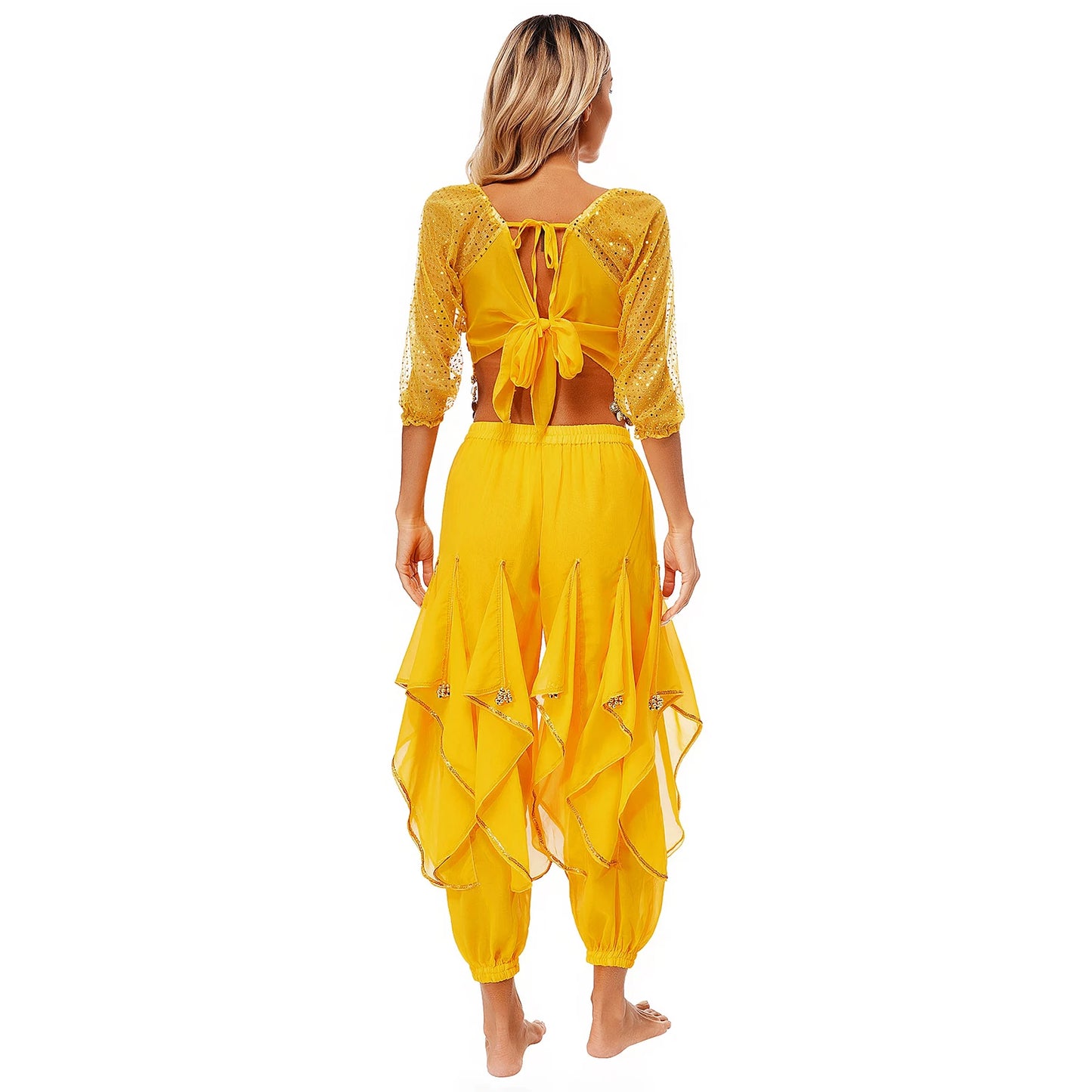 Womens Indian Belly Dance Performance Costume Sequined Long Sleeve Chiffon Tops Self-tie Back Irregular Hem Crop Top with Pants