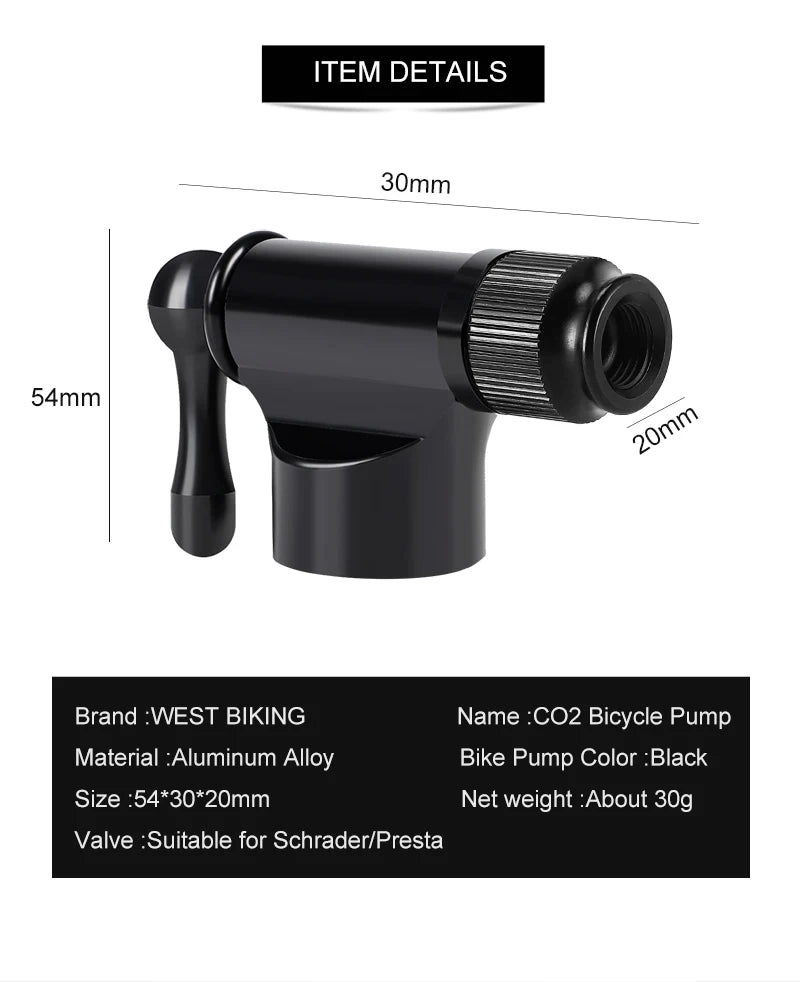 WEST BIKING Mini Bicycle CO2 Pump Portable Tire Inflator For Schrader Presta Adapter MTB Road Bike Aluminum Alloy Automatic Pump
