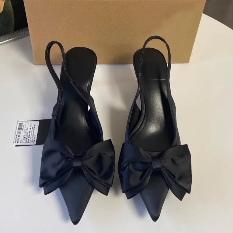 Elegant High Heels Women's Shoes 2024 Summer Black Shallow Mouth Pointed Toe Bow Slingbacks Luxury Party Office Lady Sandals - Belvar