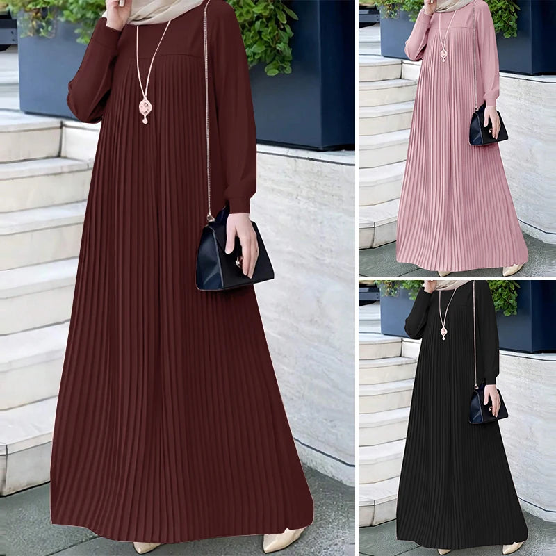 2025 ZANZEA Muslim Abaya Hijab Dress Women Elegant Long Sleeve Pleated Sundress Fashion Casual IsIamic Clothing Dubai Maxi Robe