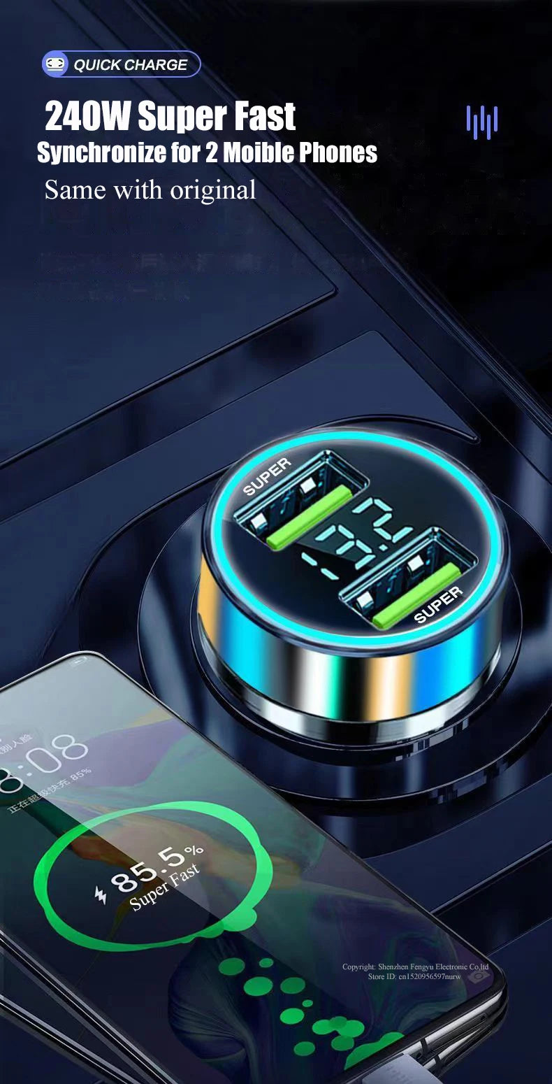 2 Port Super Fast USB Car Charger for iPhone 14 Pro Max 13 Oneplus Huawei OPPO Samsung Xiaomi 240W Quick Charging Loader Adapter