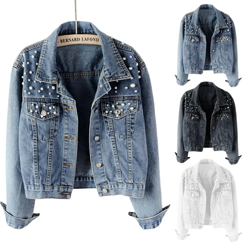 Trendy Women Denim Jacket Firm Stitching Autumn Denim Jacket Breathable Cardigan Imitation Pearl Autumn Coat  Beads Decor