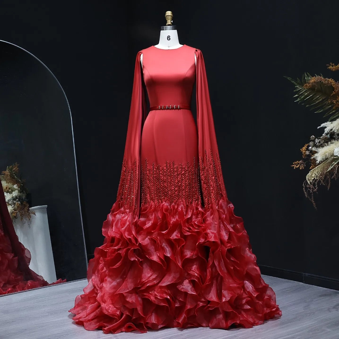 Sharon Said Luxury Dubai Nude Evening Dresses with Cape Sleeves Tiered Ruffles Arabic Women Wedding Party Gowns SS440 Customized