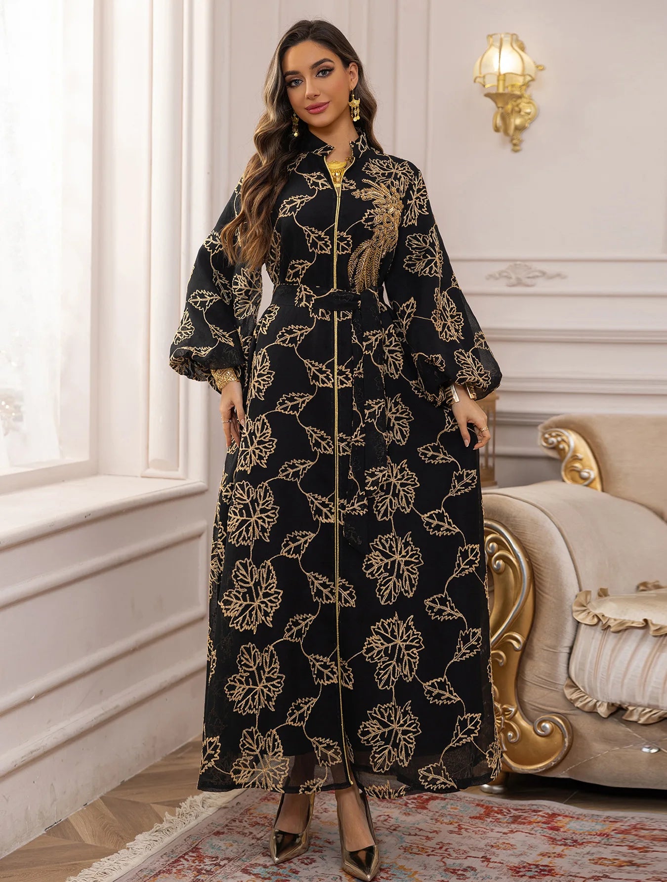 2025 Dubai Luxury Muslim Abaya Gold Floral Embroidered Long Dress Elegant Modest Islam Outerwear for in the MIddle East Women