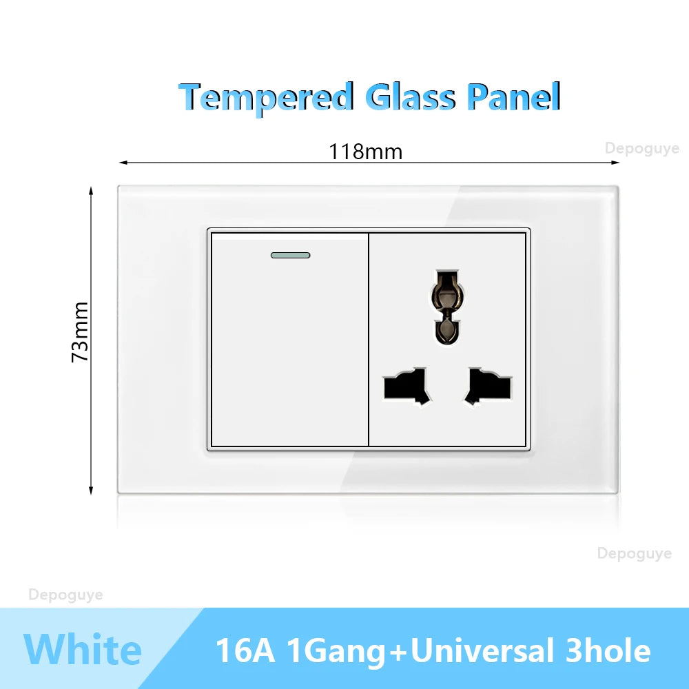 US Wall Switch Power Socket with USB Type-c Quick Charger,American Mexico White Tempered Glass Plug Outlet,Light Switch Panel