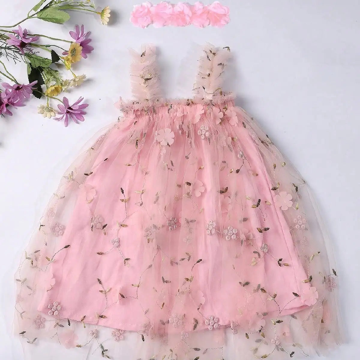 Toddler Baby Girls Tutu Dress Sleeveless Embroidery Floral Print Tulle Dress Little Girl Princess Dresses with Flower Headband