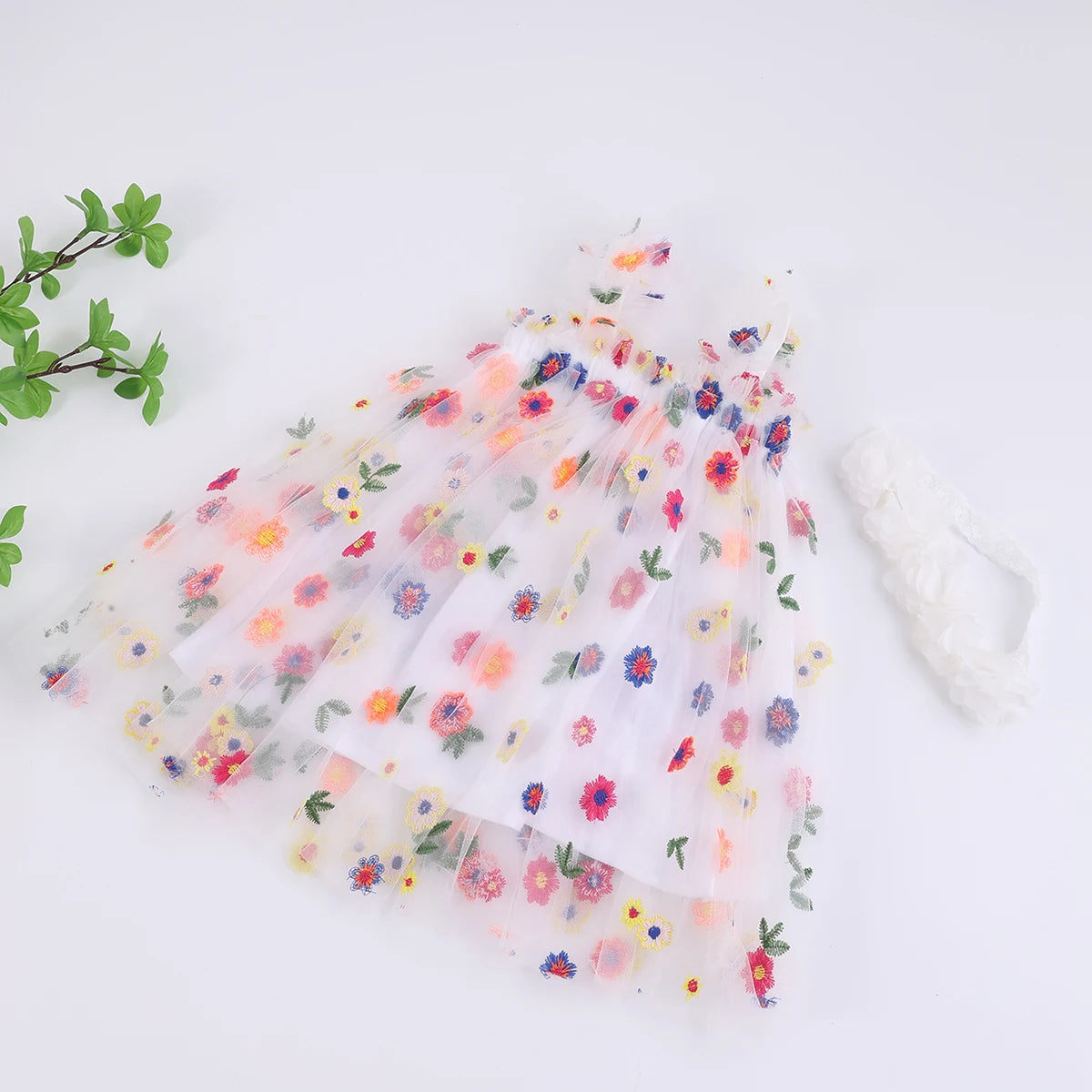 Toddler Baby Girls Tutu Dress Sleeveless Embroidery Floral Print Tulle Dress Little Girl Princess Dresses with Flower Headband
