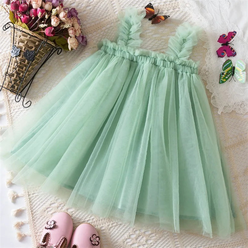 Toddler Girls Princess Dress Children Rainbow Sleeveless Tulle Dress Summer New Baby Birthday Party Vestido Sweet Casual Clothes