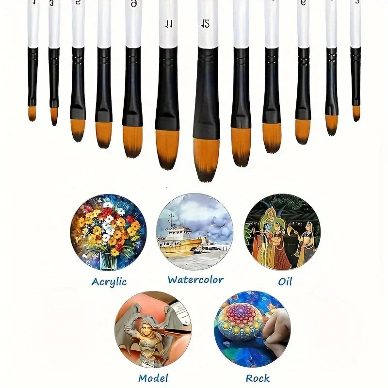 12 Pcs/set Nylon Hair Wooden Handle Watercolor Paint Brush Pen Set Learning DIY Oil Acrylic Painting Art Paint Brushes Supplies