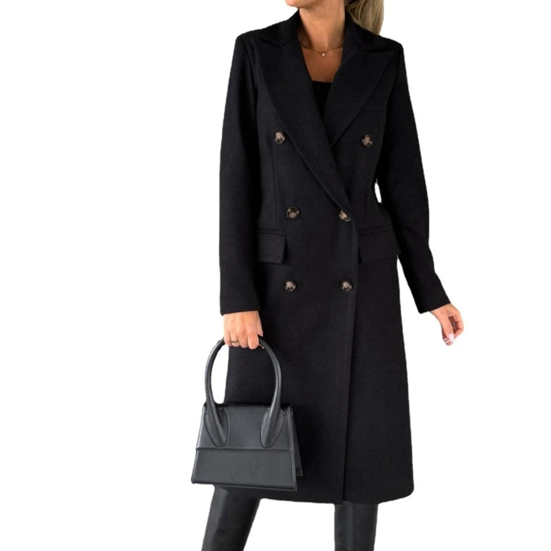 Women Wool Blend Overcoat Jackets Long Sleeve Double Breasted Jackets Coat with Pocket Warm Winter Trench Coat Outerwear