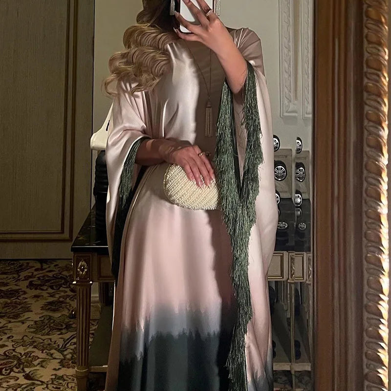 Ramadan Eid Batwing Sleeve Abaya Dubai Luxury 2024 Muslim Maxi Dress Loose Patchwork O Neck Abayas For Women Robe Tassel Vestido