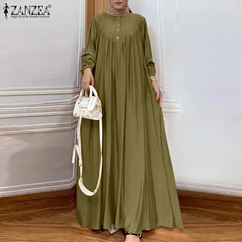 ZANZEA Women Muslim Maxi Long Dress Dubai Turkey Abaya Hijab Sundress Robe Femme Fashion Long Sleeve Vestidos Islamic Clothing