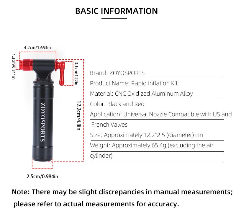 ZOYOSPORTS Bicycle CO2 Inflator Fits Presta Scrader Valve Road MTB Tire Quick Pumping Threaded 16/12/8G Unthreaded 16G Cartridge
