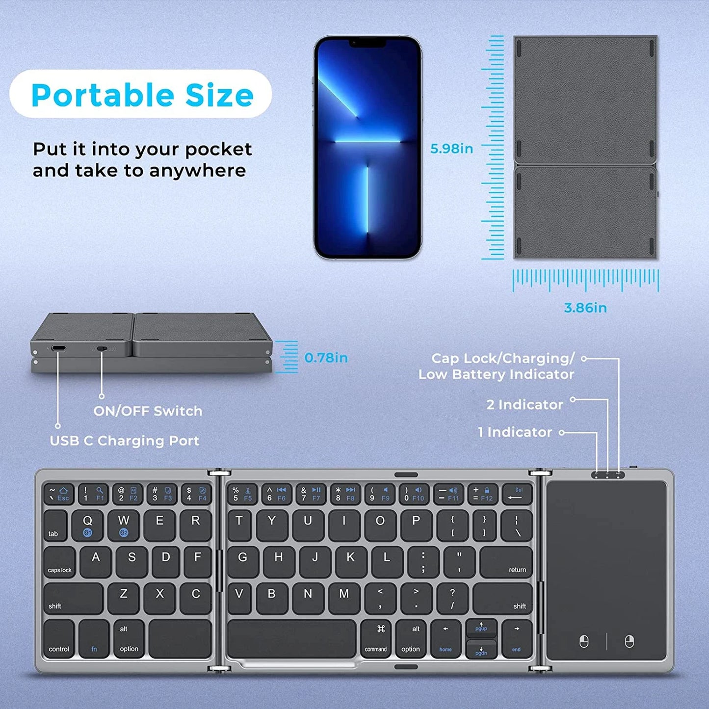 3-Folding Keyboard with Touchpad Dual Bluetooth Keyboard Portable Rechargeable Mini Keyboard for Laptop Windows Android IOS