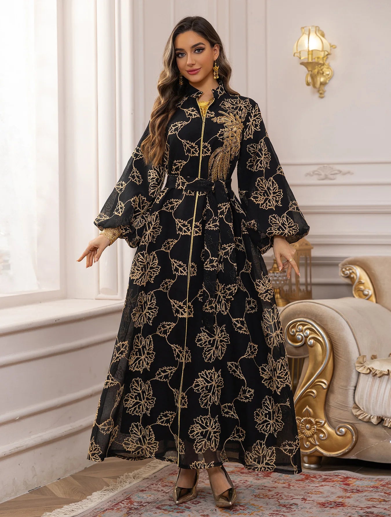 2025 Dubai Luxury Muslim Abaya Gold Floral Embroidered Long Dress Elegant Modest Islam Outerwear for in the MIddle East Women