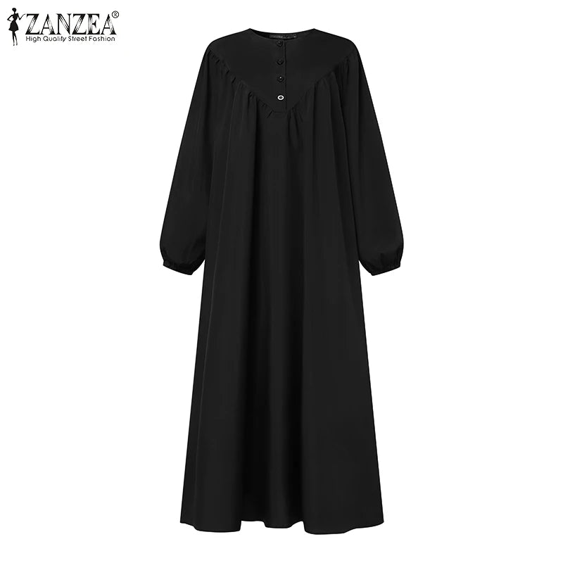 ZANZEA Women Muslim Maxi Long Dress Dubai Turkey Abaya Hijab Sundress Robe Femme Fashion Long Sleeve Vestidos Islamic Clothing