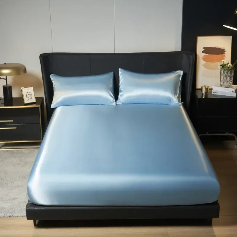 Solid Color Satin Surface Fitted Sheet 1PC Queen Size Bed Sheets 100/120/150/180/200cm Sheet with Elastic Band (No Pillowcase)