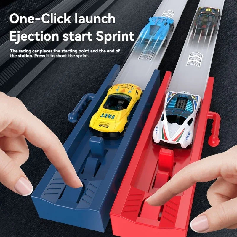 Rail Car Track with Racing Track Racing Set Toy Vehicle Alloy Car Kids Catapult Car Competitive Play Game for Children Gift DIY