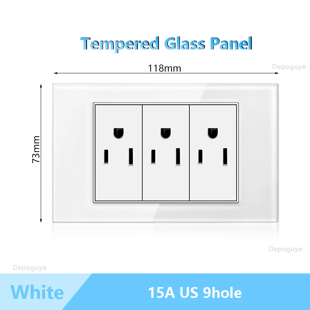 US Wall Switch Power Socket with USB Type-c Quick Charger,American Mexico White Tempered Glass Plug Outlet,Light Switch Panel