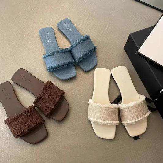 Women's Slippers Solid Color Open-toe Set Foot Vacation Beach Flat Sandals Casual Flip Flops Summer Indoor Women Slides Shoes - Belvar