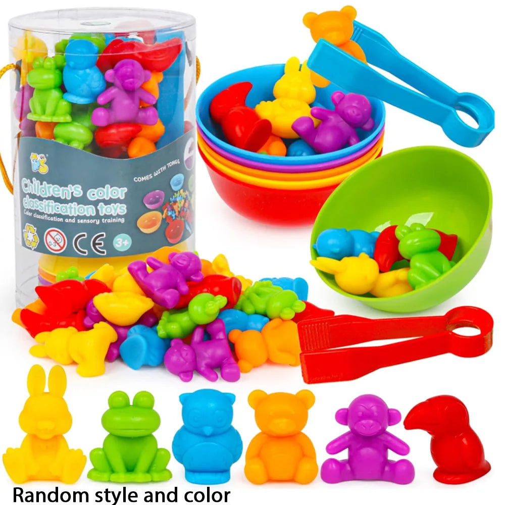 36PCS Colorful Animal Toy Set for Toddlers - Early Learning Educational Toys with Bowls & Tongs, Safe Plastic
