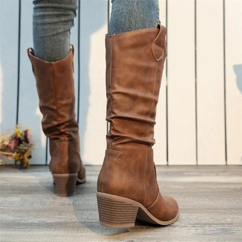 Shoes for Women New Slip-on Fashion Women Boots Sewing Daily Round Toe Square Heel Mid Boots Women Comfortable Pleated Boots