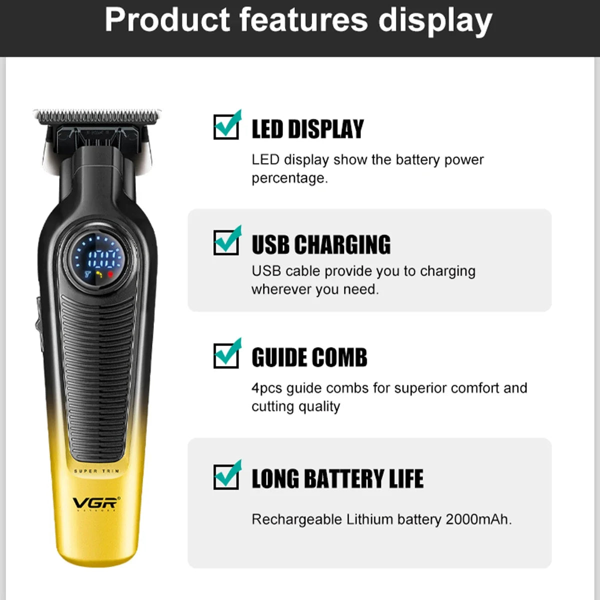 VGR V-996 Trimmer for Men DLC T-Blade LED Display Cordless USB Oil Head Professional Hair Clipper Finishing Machine Haircut