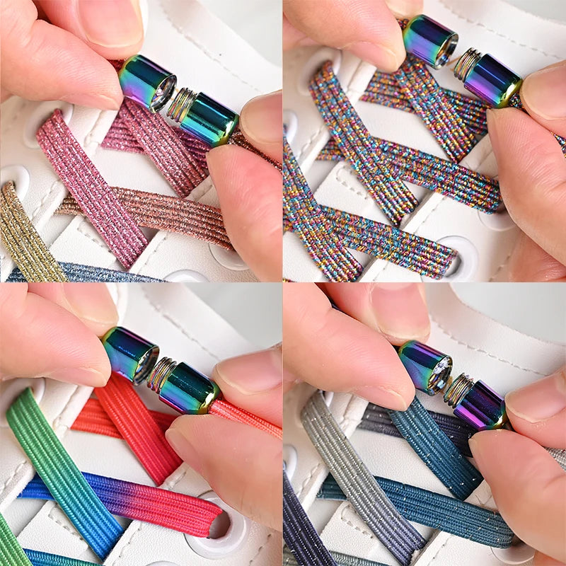 1Pair No Tie Shoe Laces Colorful Buckle Golden Shoelaces Pearl Light Colorful Fashion Without Ties Elastic Laces ﻿