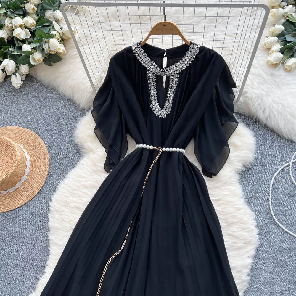Women Dress Long Dresses Gown Party Night A Line Vestidos Round Neck Ruffles Sleeve Elegant Splice Y2k Streetwear Slim Fit