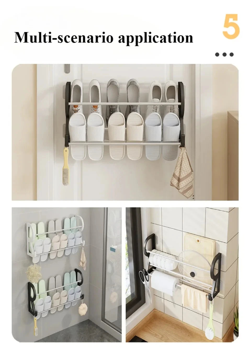 Wall Mounted Shoe Rack Simple Bathroom Slipper Rack Multi-functional Nail Free Kitchen Rack Hole Free Door Back Shoe Rack