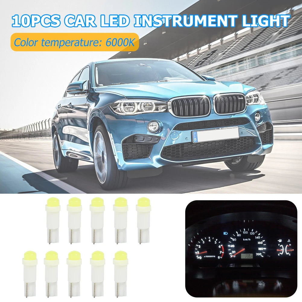 10pcs T5 3D COB LED Car Instrument Cluster Lamp Indicator Reading Light Bulbs Color Temperature 6,000K Brightness 120LM