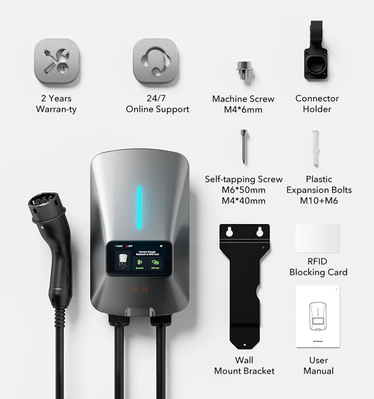 WOLFBOX EV Charging Station Type 2 7KW 32A 1 Phase Electric Vehicle Car Charger Wallbox with LCD Screen APP Control RFID Card