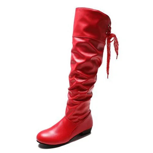 Shoes For Women 2022 Spring Knee High Boots Red Black White Tall Boots Woman Pleated Low Heel Casual Leather Female Long Shoes