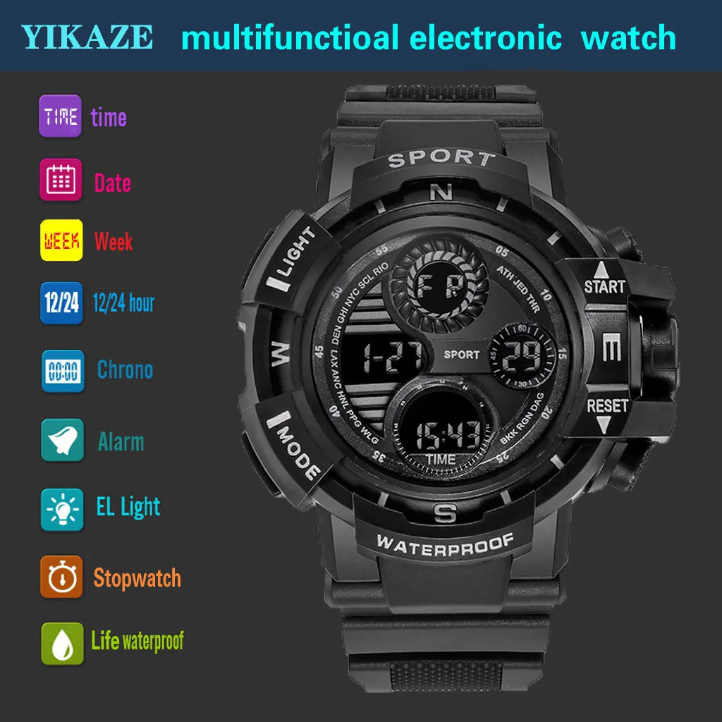 YIKAZE Men's Digital Electronic Watch Sports Glow 55mm Large Dial Student Outdoor Adventure Trend Multifunctional Watches Clock
