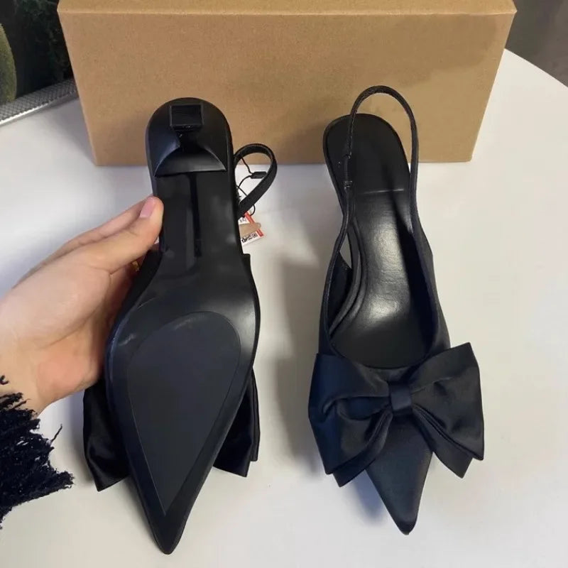 Elegant High Heels Women's Shoes 2024 Summer Black Shallow Mouth Pointed Toe Bow Slingbacks Luxury Party Office Lady Sandals - Belvar
