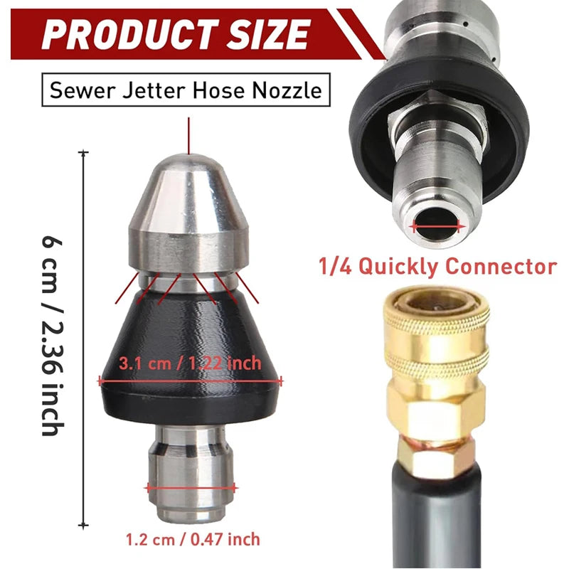 Sewer Cleaning Tool Pipe Unclogger Nozzle 1/4 Quick Connector Pressure Washer Sewer Jetter Nozzle for Drain Jetting Hose 5000PSI