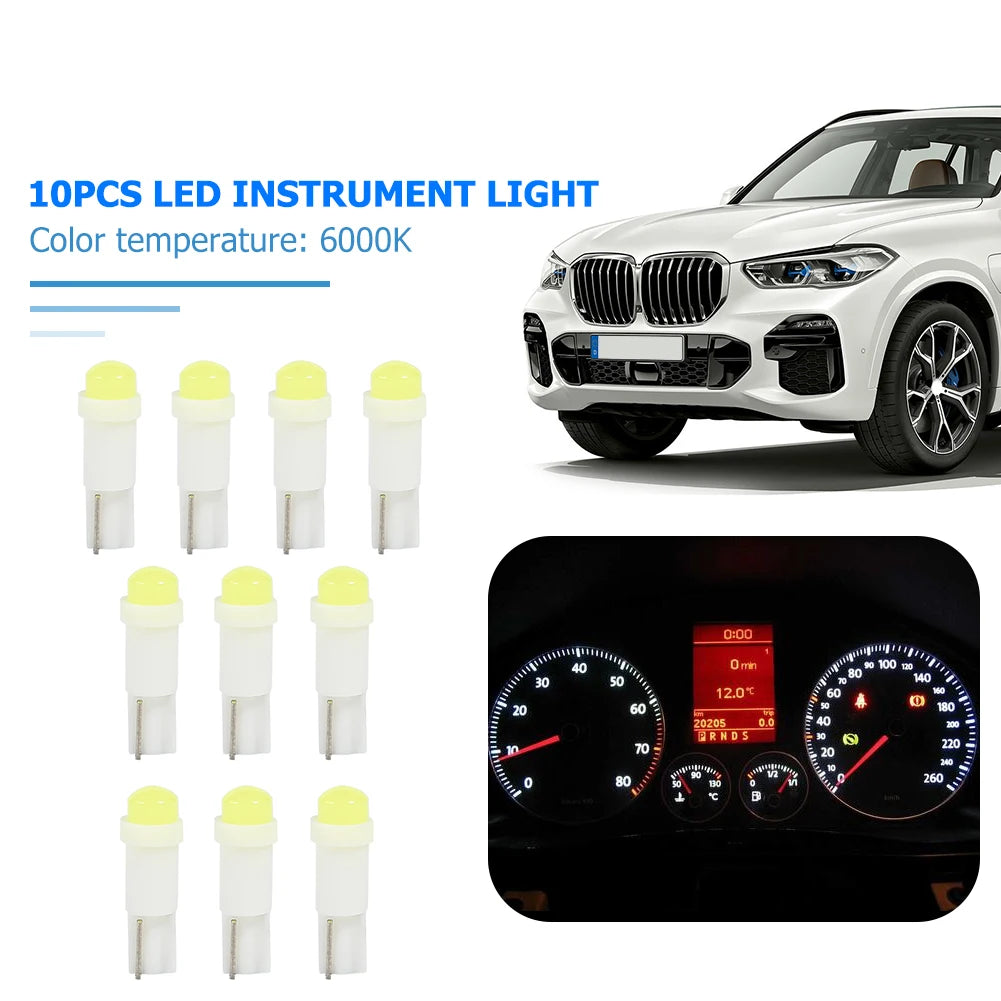 10pcs T5 3D COB LED Car Instrument Cluster Lamp Indicator Reading Light Bulbs Color Temperature 6,000K Brightness 120LM