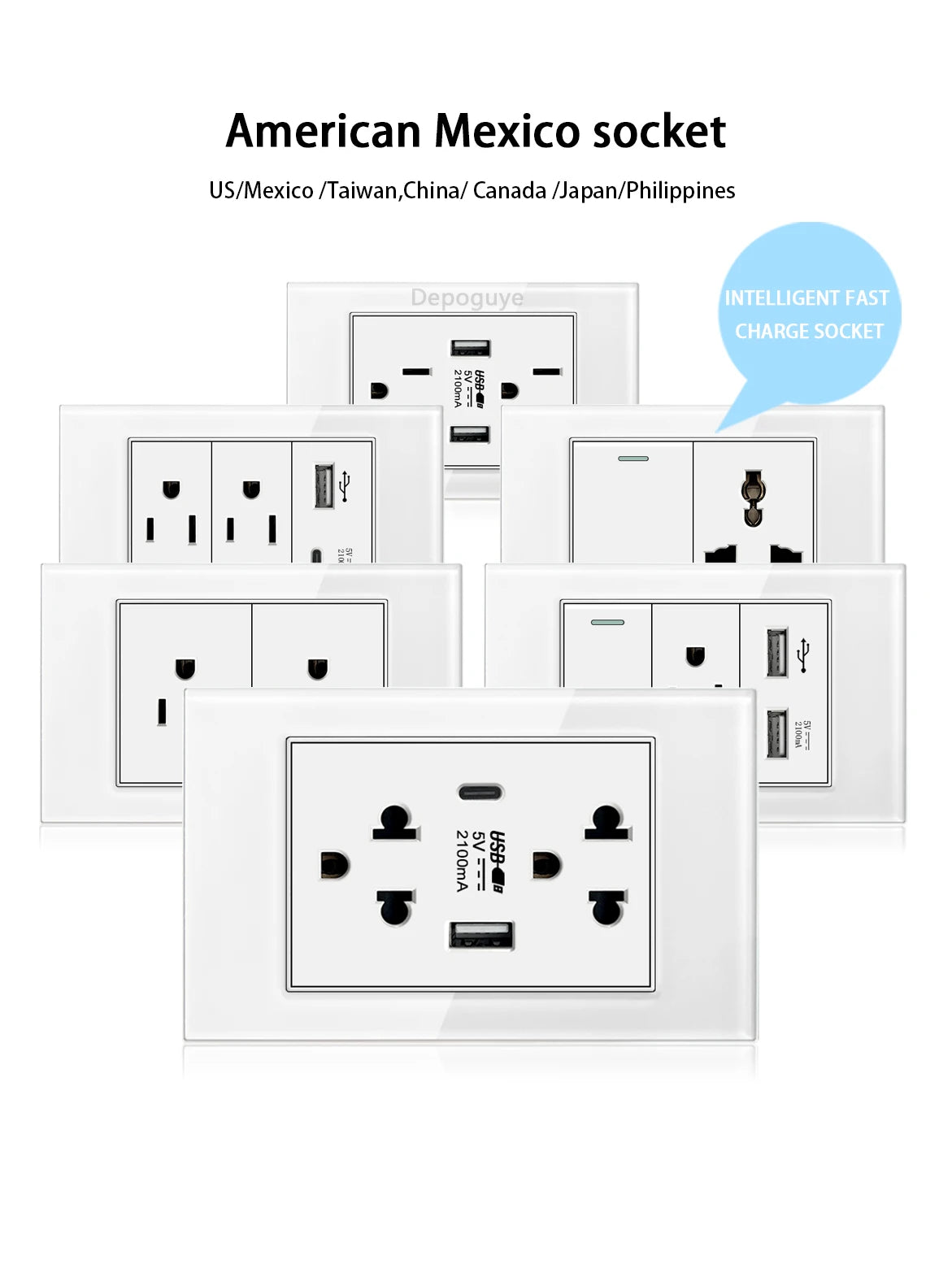 US Wall Switch Power Socket with USB Type-c Quick Charger,American Mexico White Tempered Glass Plug Outlet,Light Switch Panel