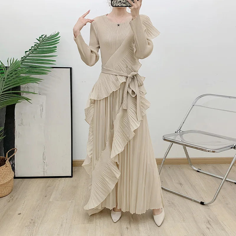 2025 New Dresses Cascading Ruffle Dresses Women Lady Elegant Vintage Pleated Design Ruched Dresses Women Casual