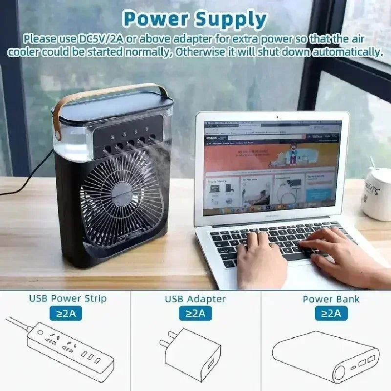 3 in 1 Mini Portable Cooling Fan with USB Charging Water Mist Air Conditioner LED Night Light for Home Office Desk Humidifier