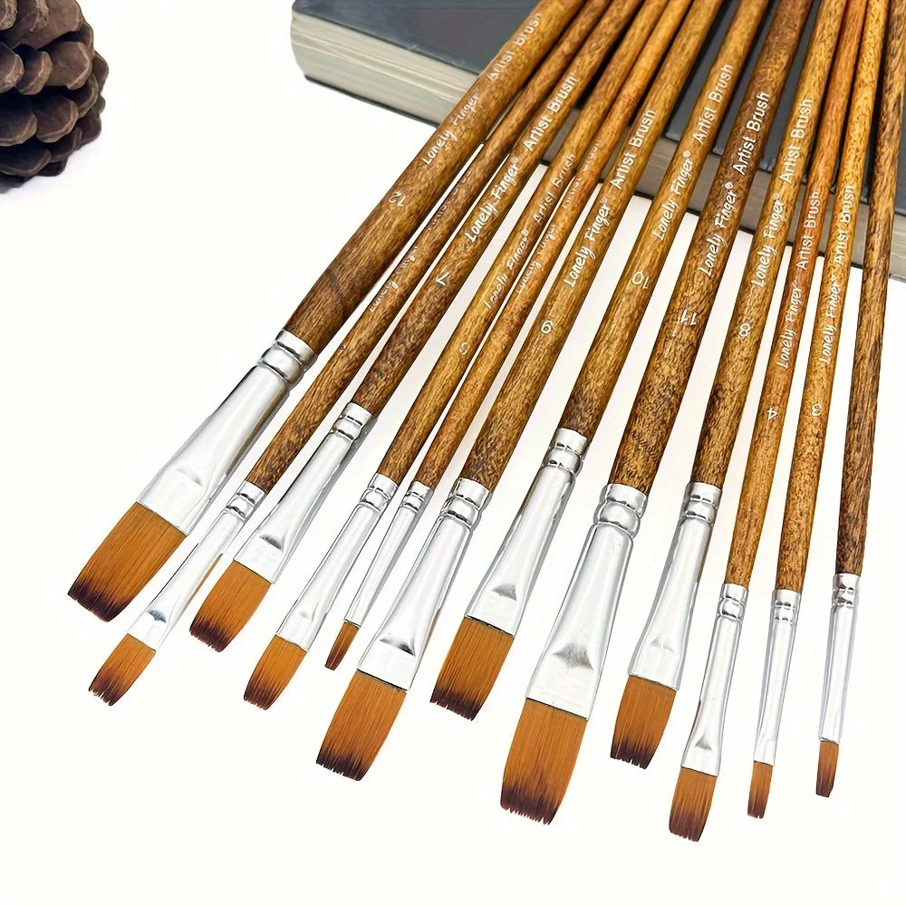 12 Pcs/set Nylon Hair Wooden Handle Watercolor Paint Brush Pen Set Learning DIY Oil Acrylic Painting Art Paint Brushes Supplies