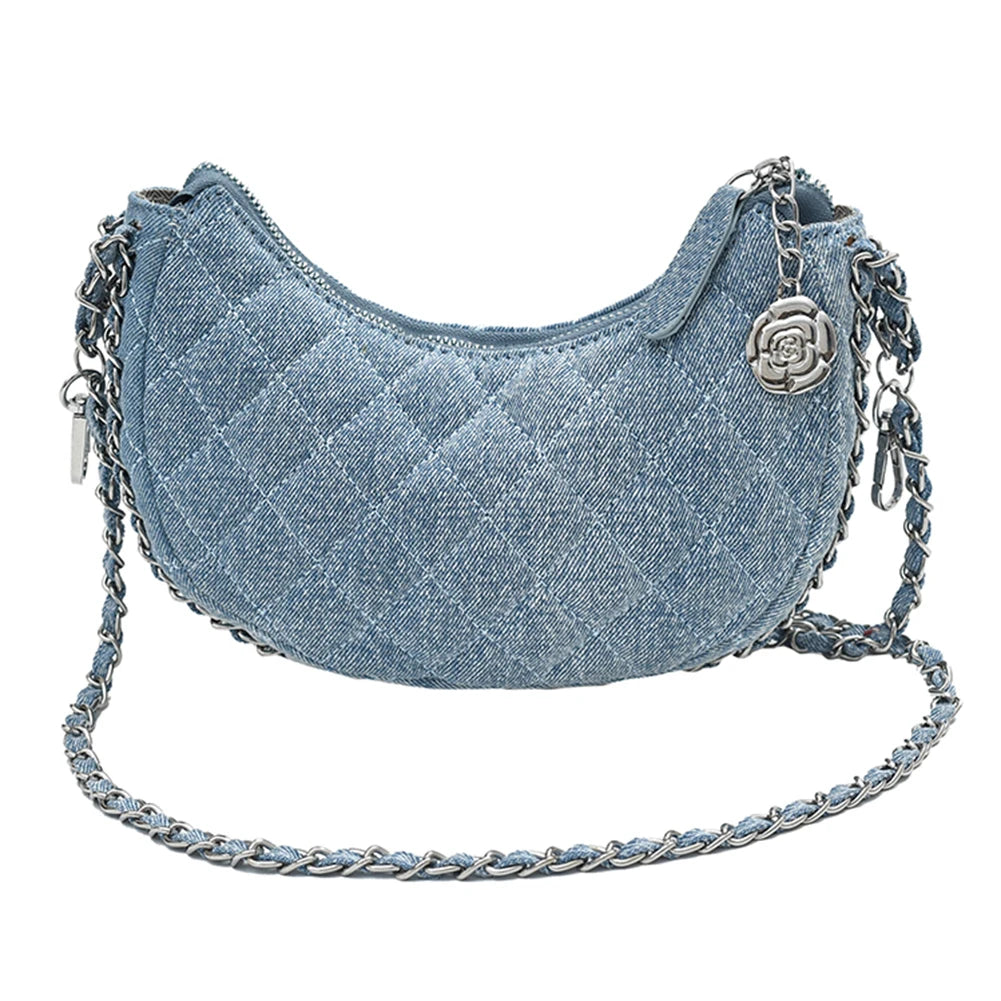 2023 New Denim Fabrics Chain Crossbody Bags Fashion Diffusion Stitching Small Crescent Bags Women's Luxury Underarm Tote Handbag
