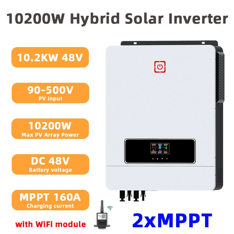 Y&H 10KW Hybrid Solar Inverter 48V 230V 10.2KW On/Off Grid Pure Sine Wave Inverter 2xMPPT 160A Solar Battery Charger BMS WiFi