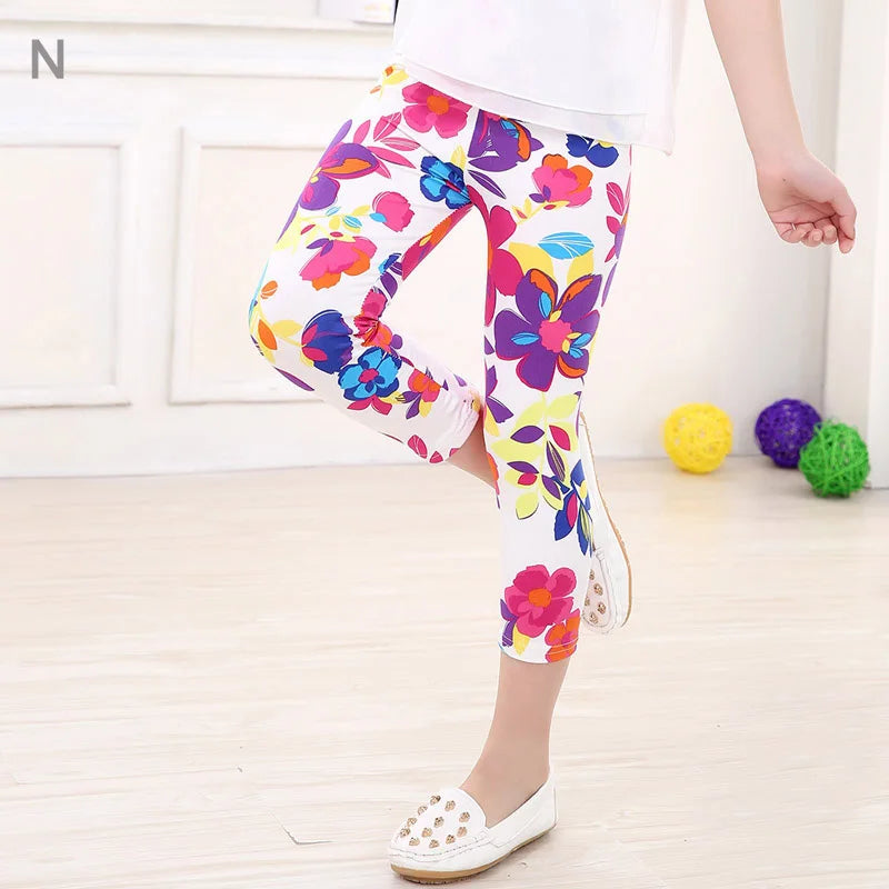 3-10years Girls Cropped Trousers Floral Print Flower Kids Calf Length Skinny Pants Stretch Leggings Children All-matches Bottoms