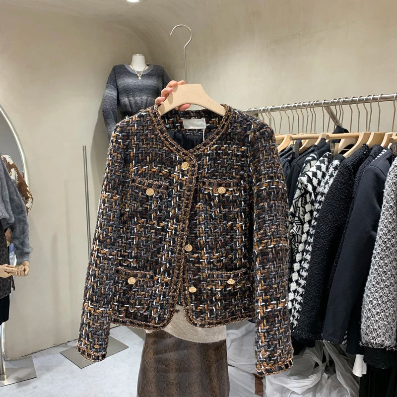 Vintage Jackets 2025 Women Clothing O-neck Long Sleeve Pocket Tweed Temperament Tops Fashion Korean Cropped Coat Y2k Clothes