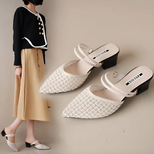 Women's New Slippers Minimalist Fashionable Thick-heeled Slip-on Sandals Summer Two-way Outer Wear One Line High Heel Slippers - Belvar