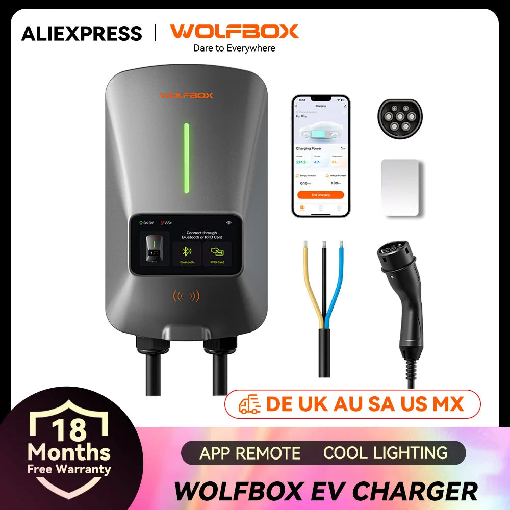 WOLFBOX EV Charging Station Type 2 7KW 32A 1 Phase Electric Vehicle Car Charger Wallbox with LCD Screen APP Control RFID Card