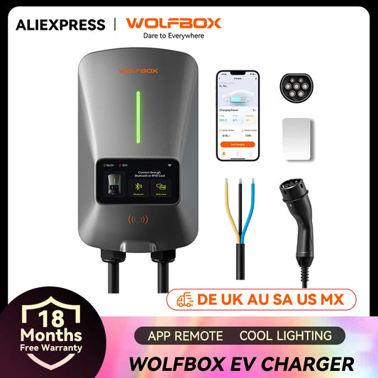 WOLFBOX EV Charging Station Type 2 7KW 32A 1 Phase Electric Vehicle Car Charger Wallbox with LCD Screen APP Control RFID Card