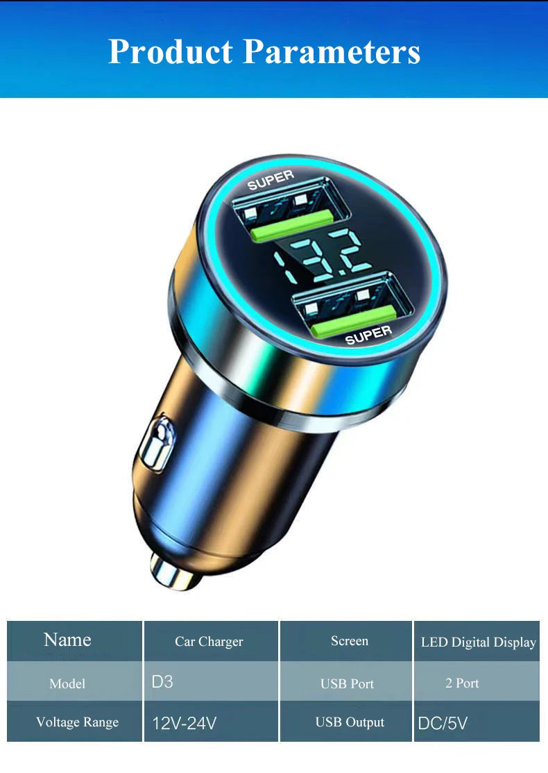 2 Port Super Fast USB Car Charger for iPhone 14 Pro Max 13 Oneplus Huawei OPPO Samsung Xiaomi 240W Quick Charging Loader Adapter